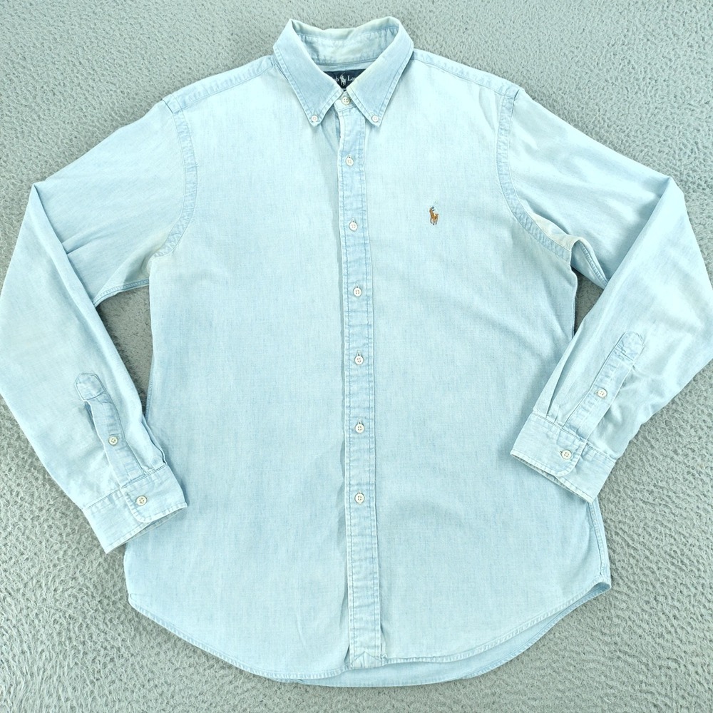 Ralph Lauren Shirt Men Large Light Blue Denim Custom Fit Button Down Long Sleeve - Picture 2 of 16